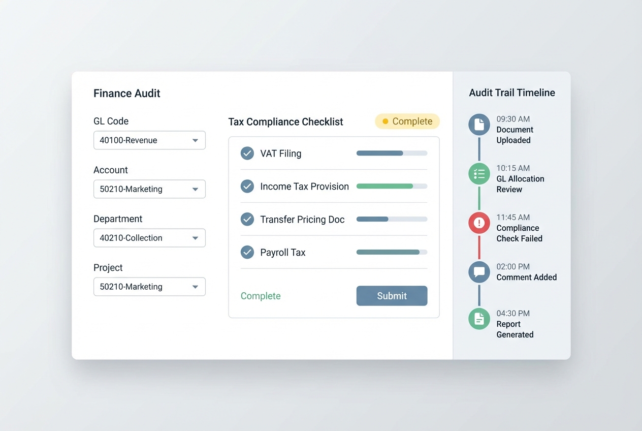 Finance audit workspace with GL coding and compliance checklist