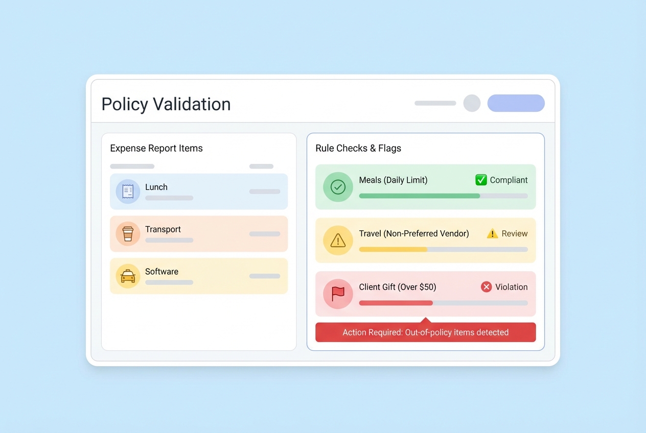 Policy validation screen highlighting out-of-policy flags