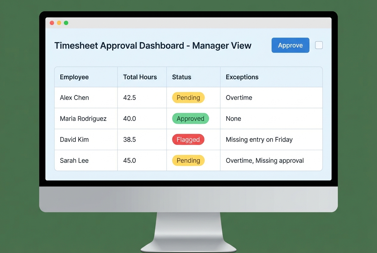 Manager approval dashboard with pending, approved, flagged statuses