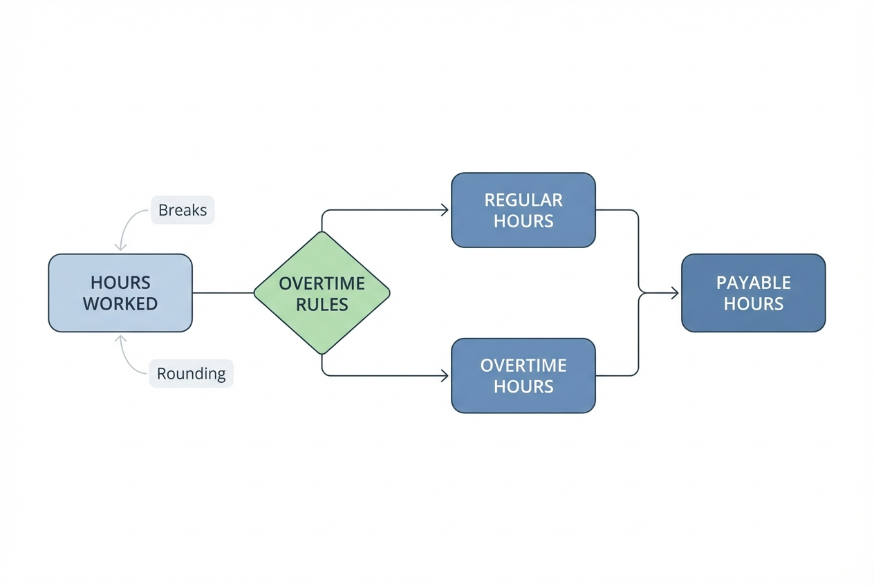 Overtime logic flow diagram from hours worked to payable hours