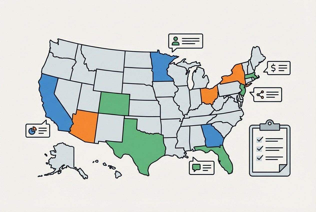 US map with highlighted states and a payroll compliance checklist