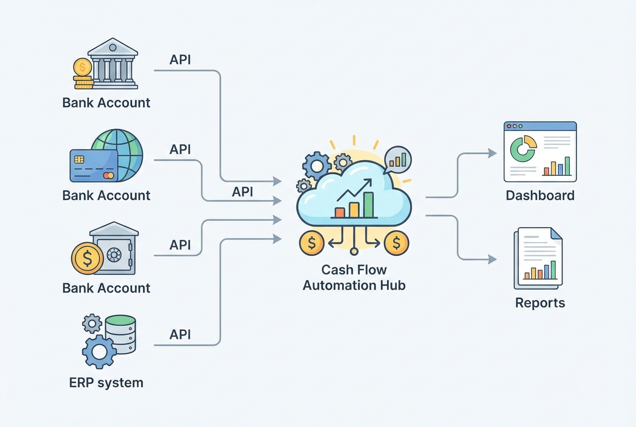 Diagram showing multiple bank accounts and an ERP flowing into a central cash flow automation hub
