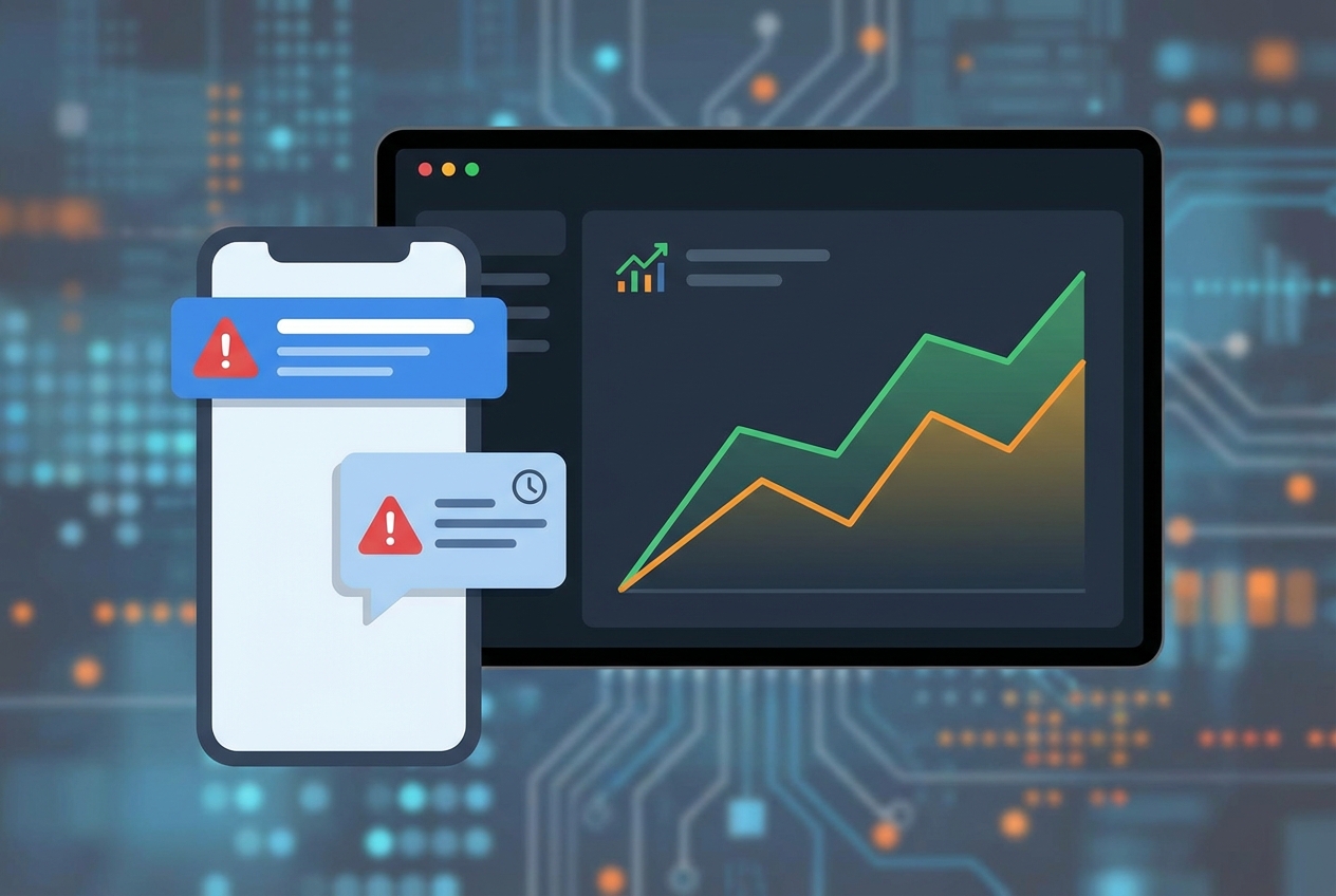 Compliance alert concept with mobile notification and Slack-style alert bubble