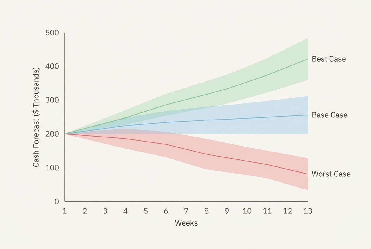 Graph-style illustration of a 13-week forecast with best/base/worst case paths