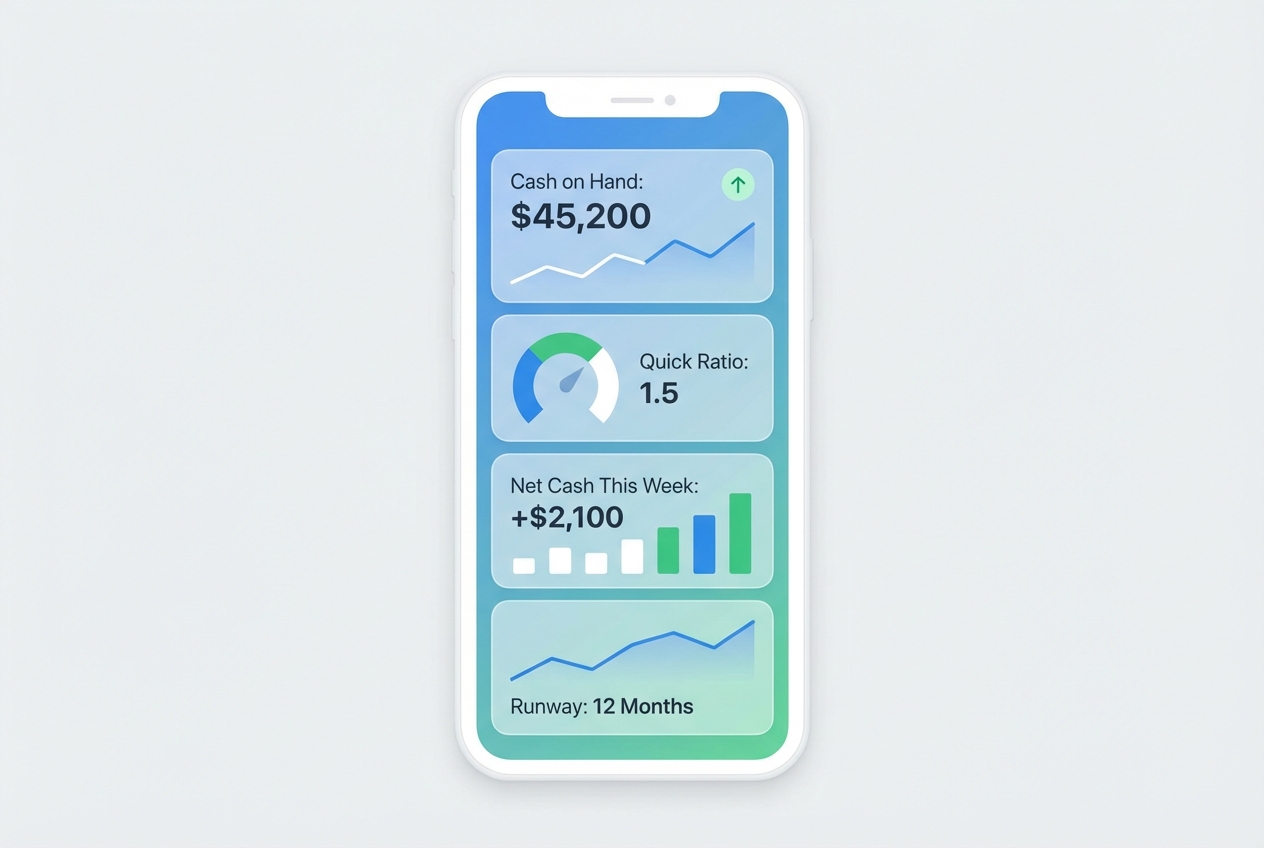 Mobile-first CFO dashboard illustration with key tiles like Cash on Hand and Runway