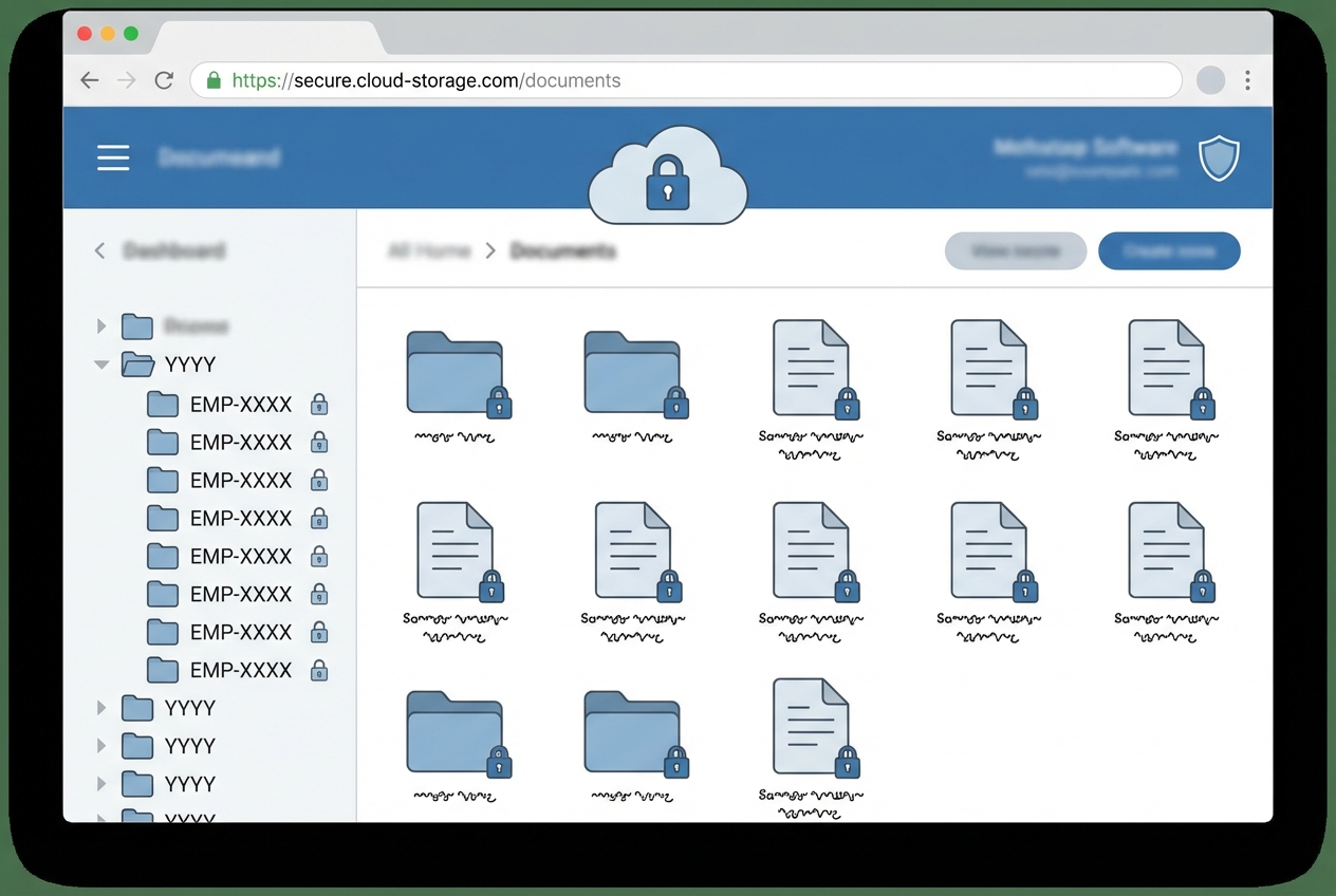 Mock secure cloud storage UI with folders by year and employee ID and a lock icon
