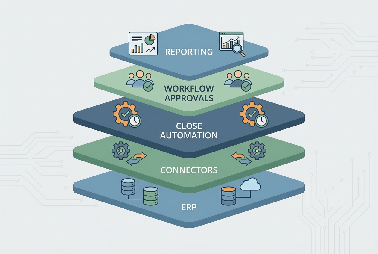 Layered diagram of a close automation stack with ERP, connectors, automation, workflow, reporting