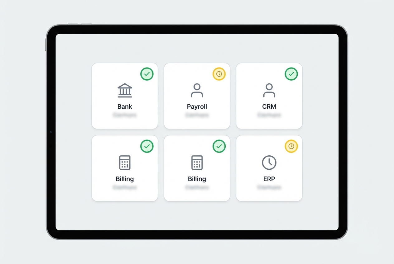 Data connector dashboard mockup with tiles for banking, payroll, CRM, billing, ERP and connection statuses