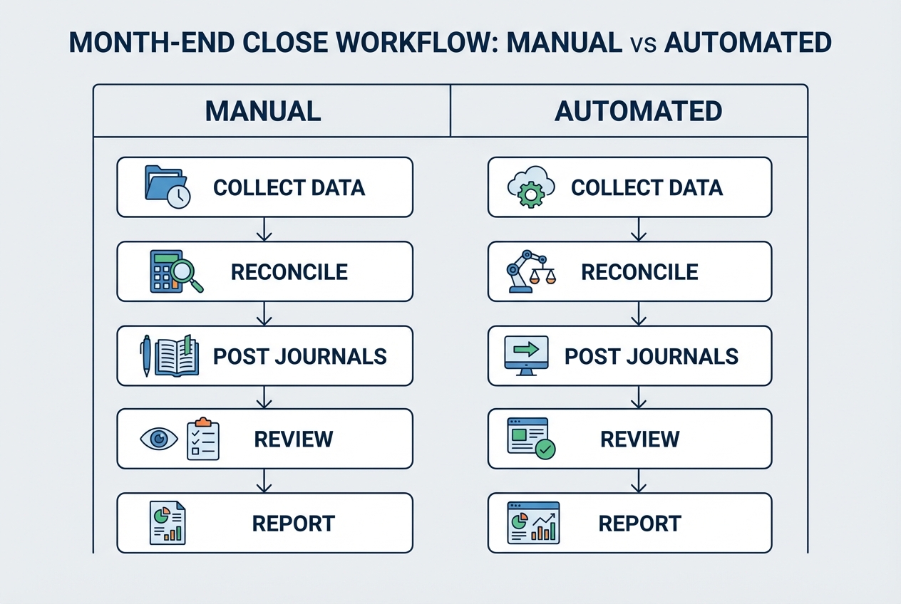 Flowchart diagram showing manual month-end close vs automated continuous close workflow