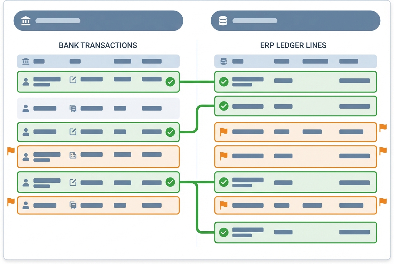 Side-by-side automated matching interface mockup with matched pairs and flagged exceptions