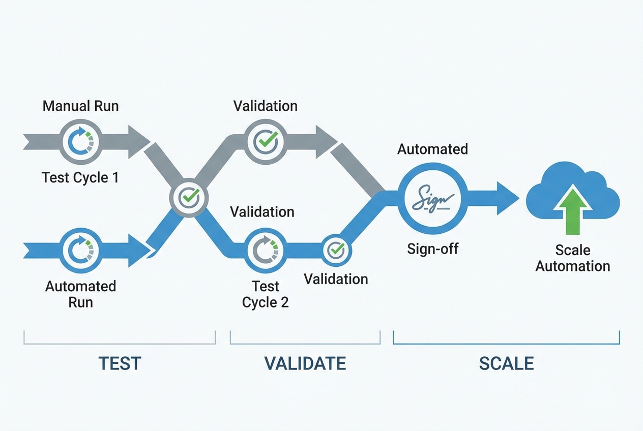 Diagram showing parallel run of manual vs automated lines converging after validation checkpoints
