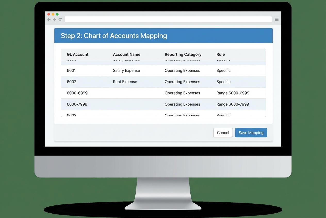 Screenshot-style mapping table example for Chart of Accounts to P&L categories
