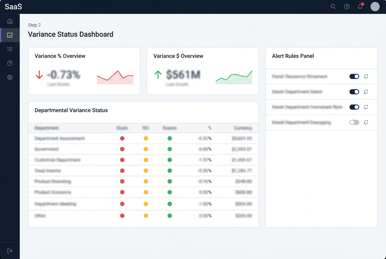 Variance dashboard with red/yellow/green indicators by department