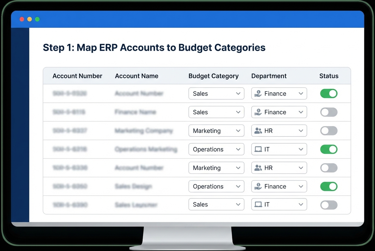UI mock showing mapping of GL accounts to budget categories