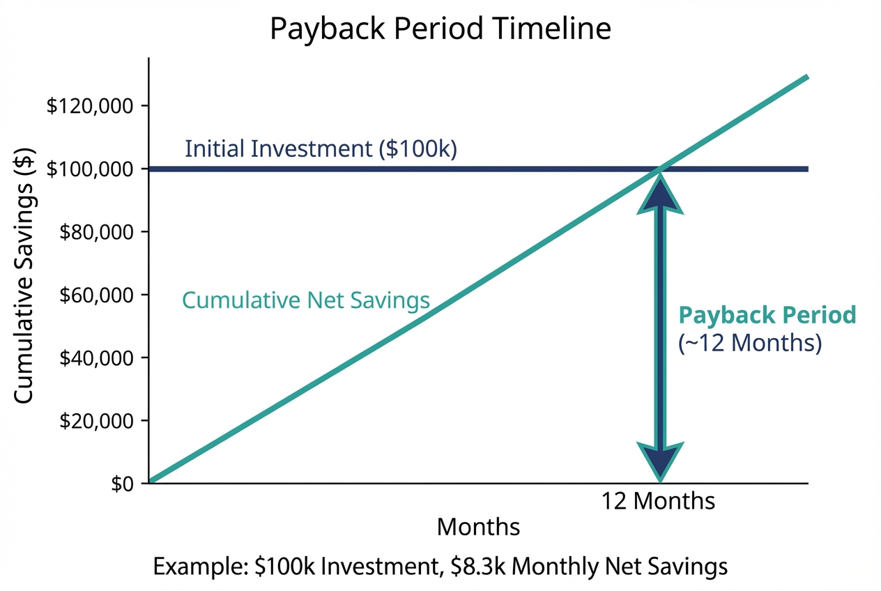 Graphic: Payback period timeline showing cumulative savings crossing initial investment