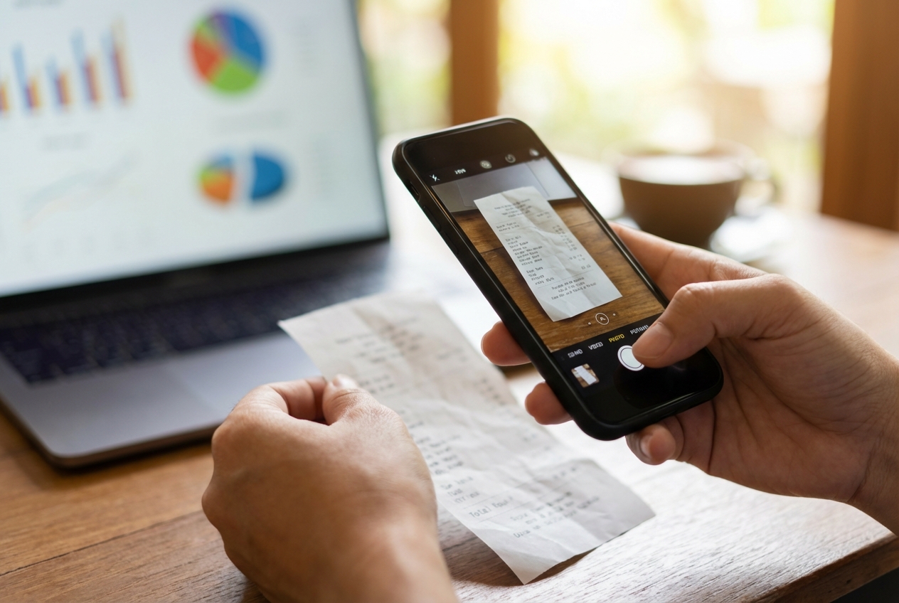 A person scanning a receipt with a smartphone, representing OCR receipt capture