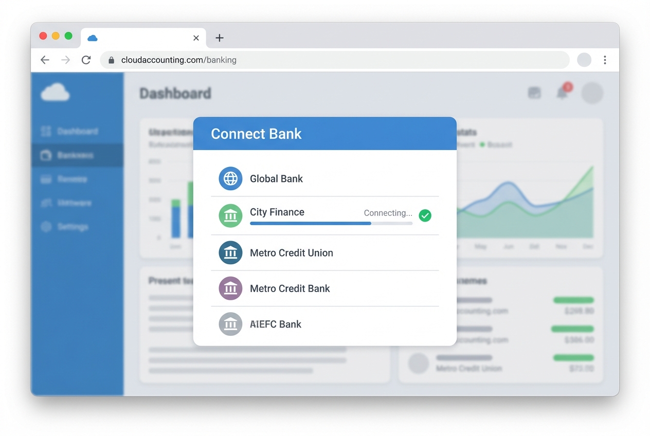 Screenshot-style illustration of connecting a bank feed inside a cloud accounting app
