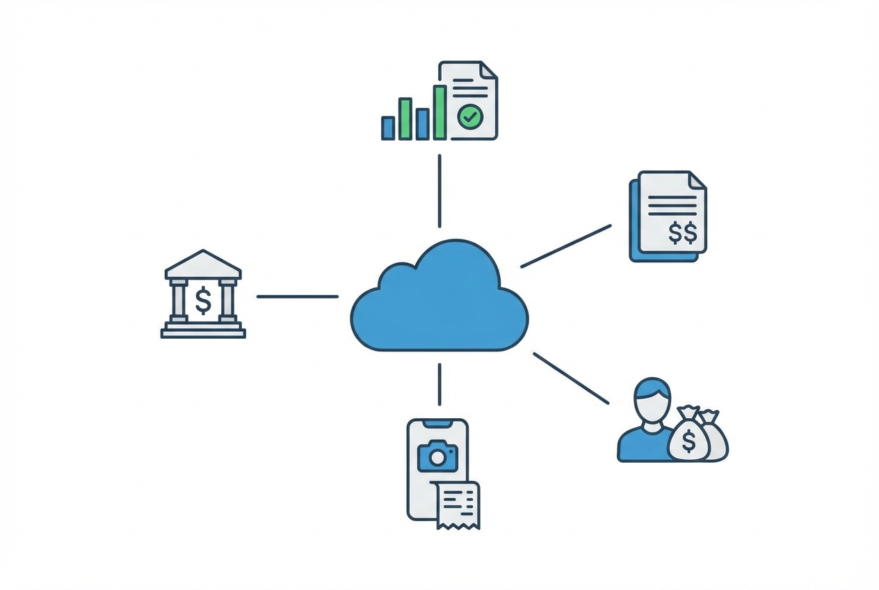 Diagram showing a cloud accounting platform as the central hub connected to banks, receipts, invoicing, payroll, and reporting