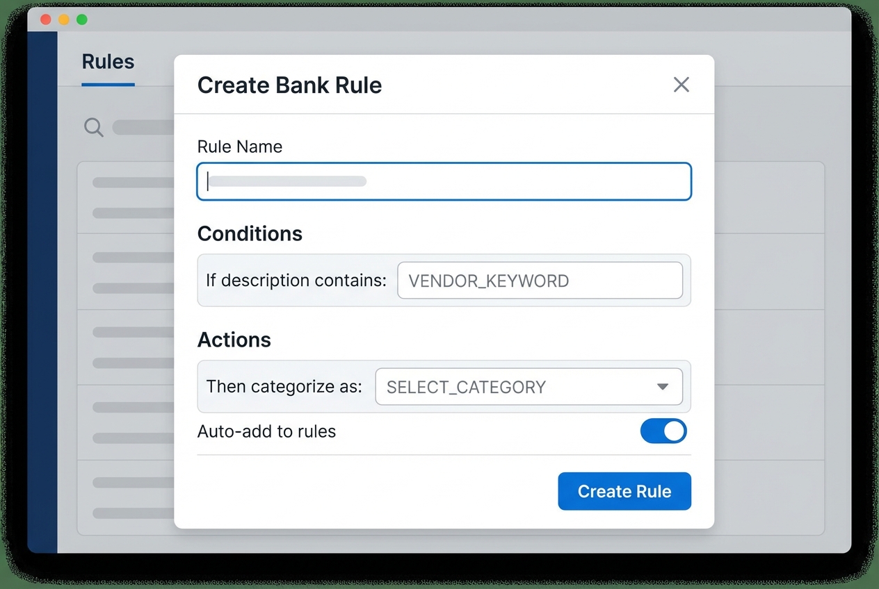 Screenshot-style illustration of creating a bank rule for recurring vendor categorization