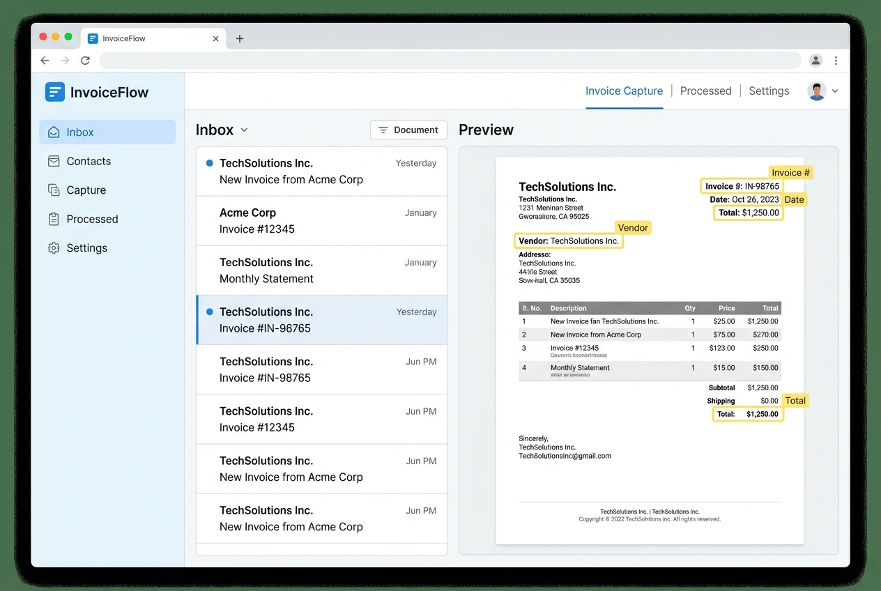 Invoice capture screen with inbox on the left and invoice preview on the right