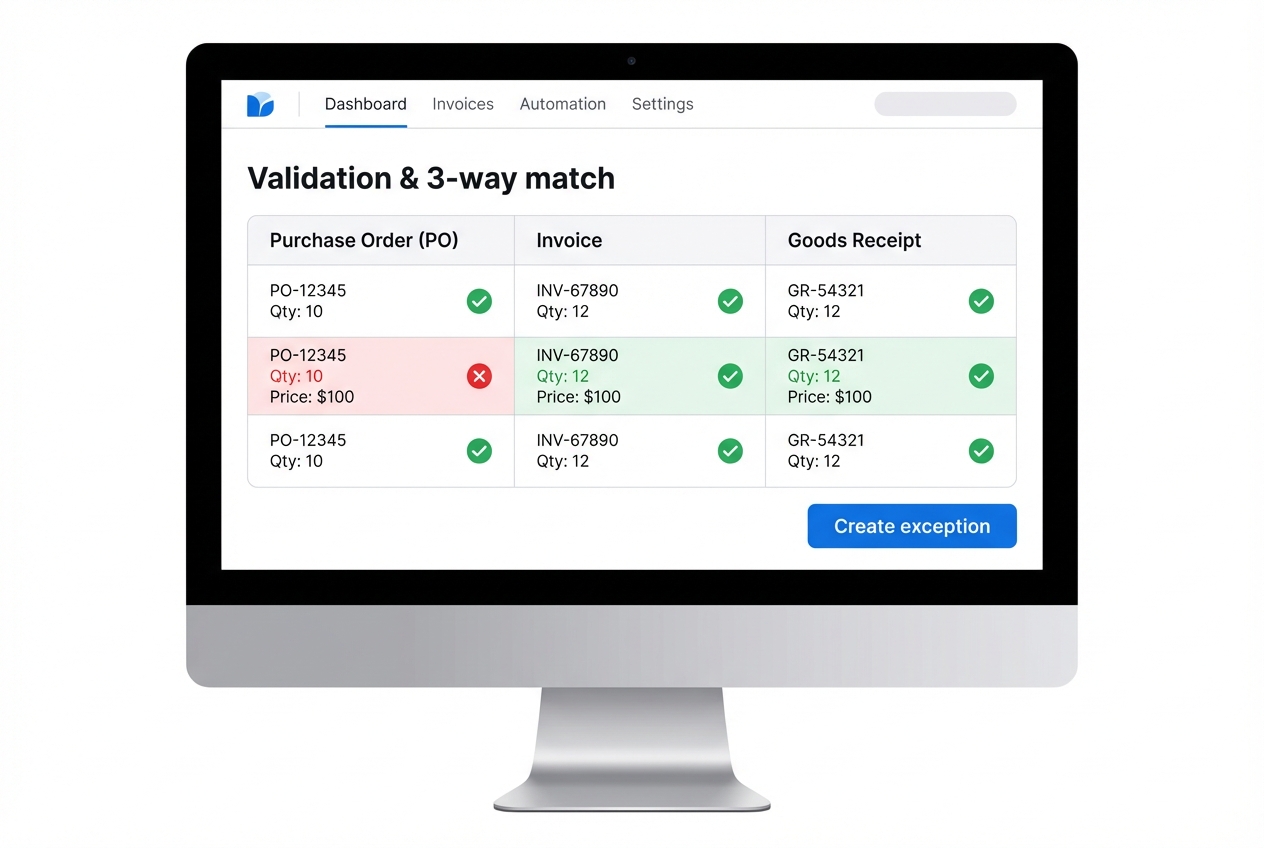 Three-way match screen showing checks and one mismatch highlighted