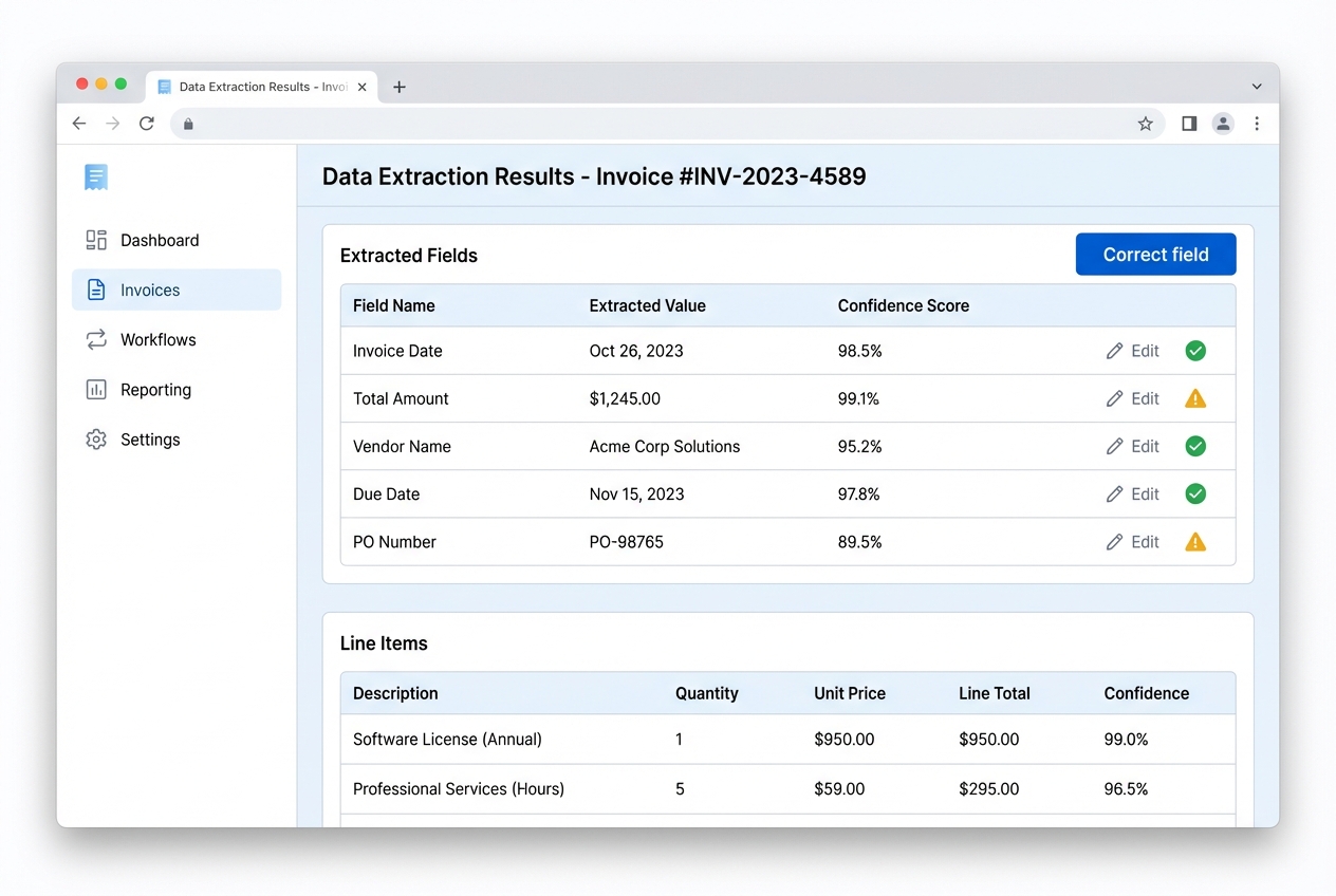 Data extraction results showing fields, confidence scores, and line items