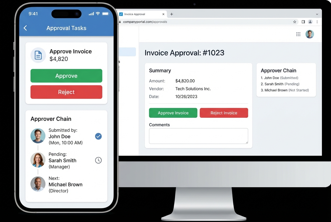 Approval workflow shown on desktop and mobile with Approve/Reject buttons