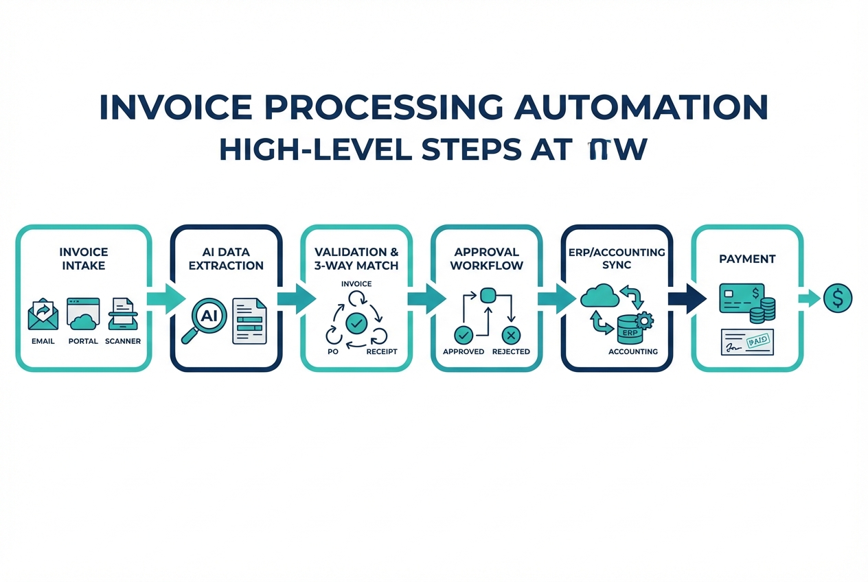 Process diagram showing invoice intake to AI extraction, validation, approvals, ERP sync, and payment