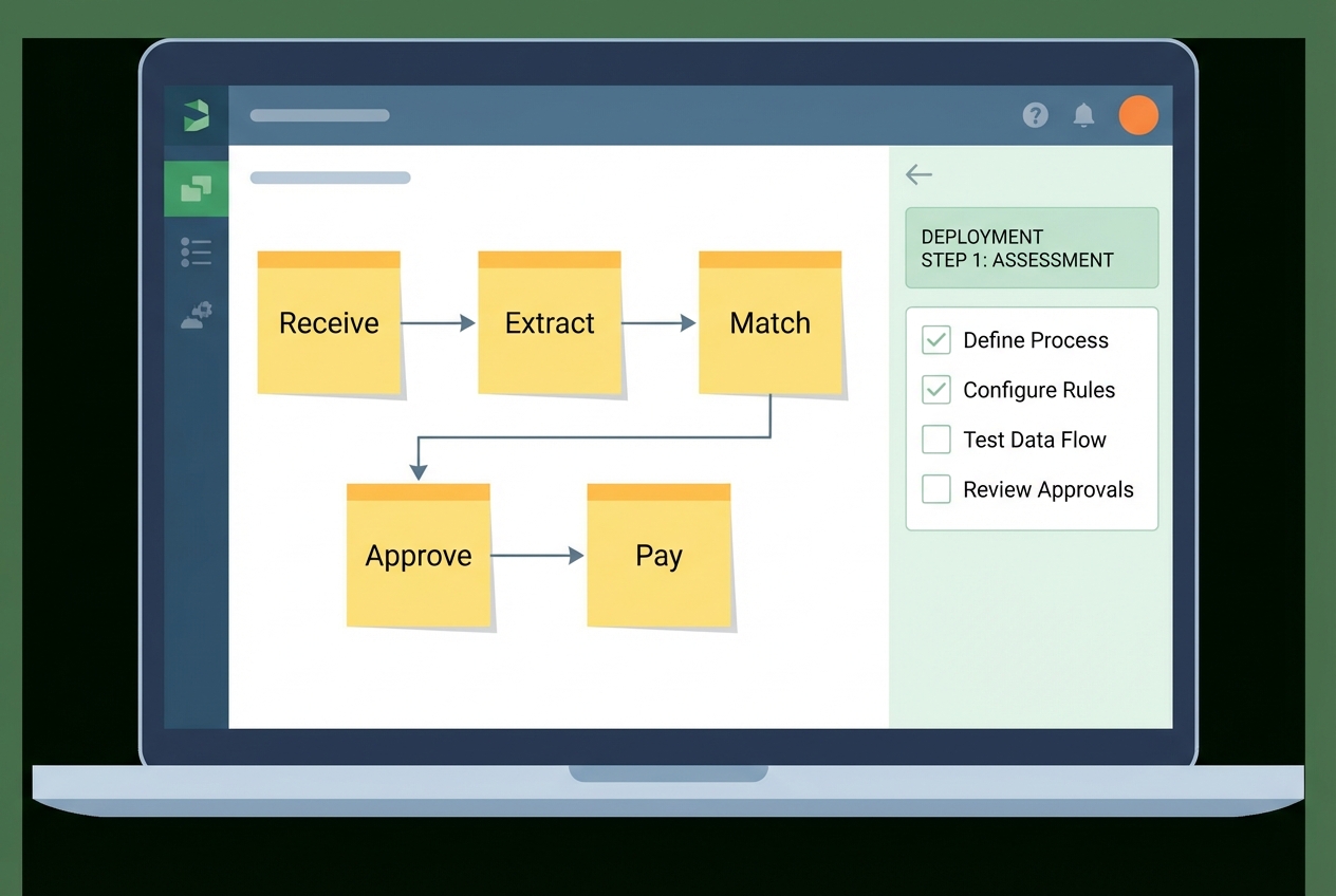 Workflow assessment image with sticky note style process map and checklist