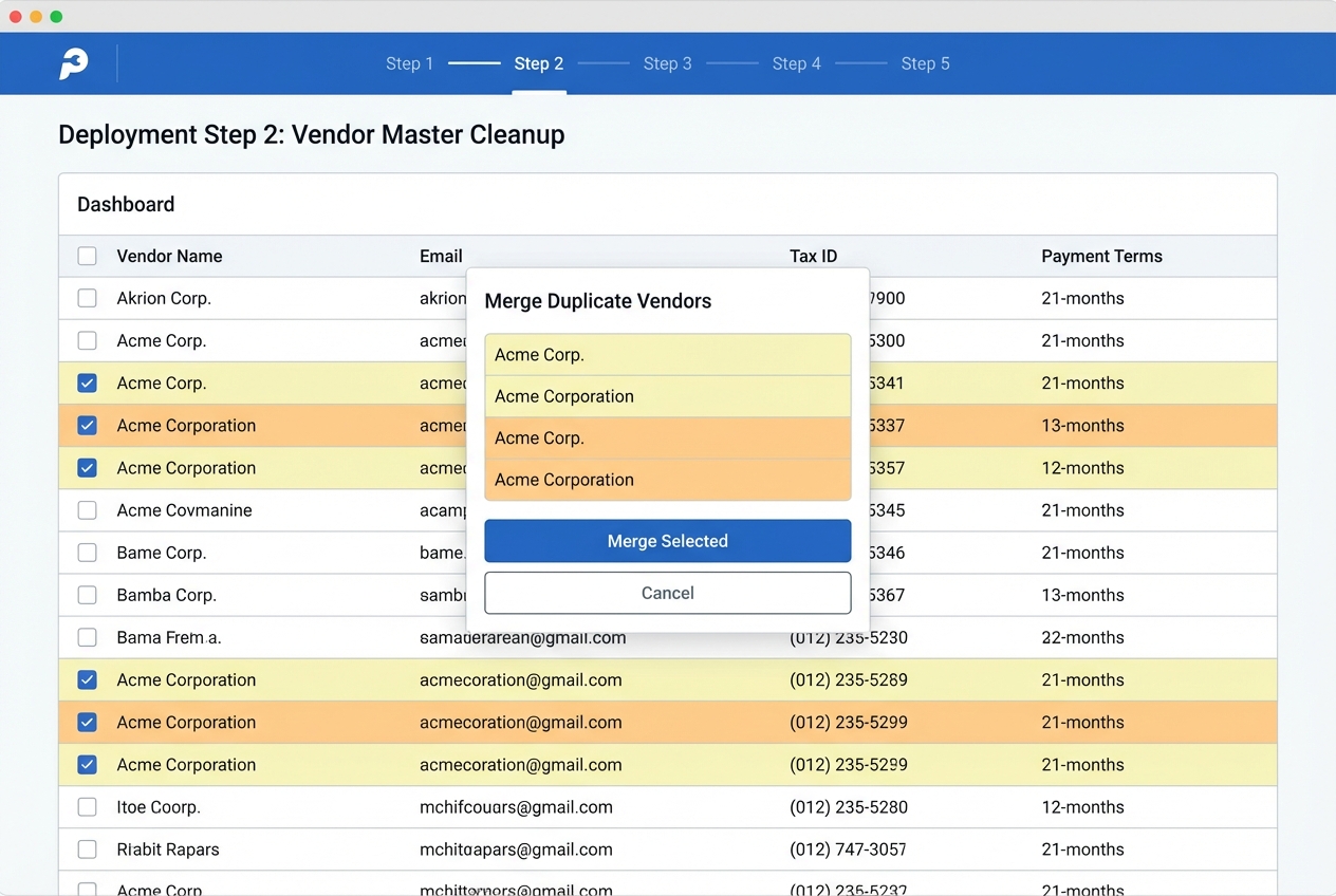 Vendor master cleanup table with duplicates highlighted and merge dialog