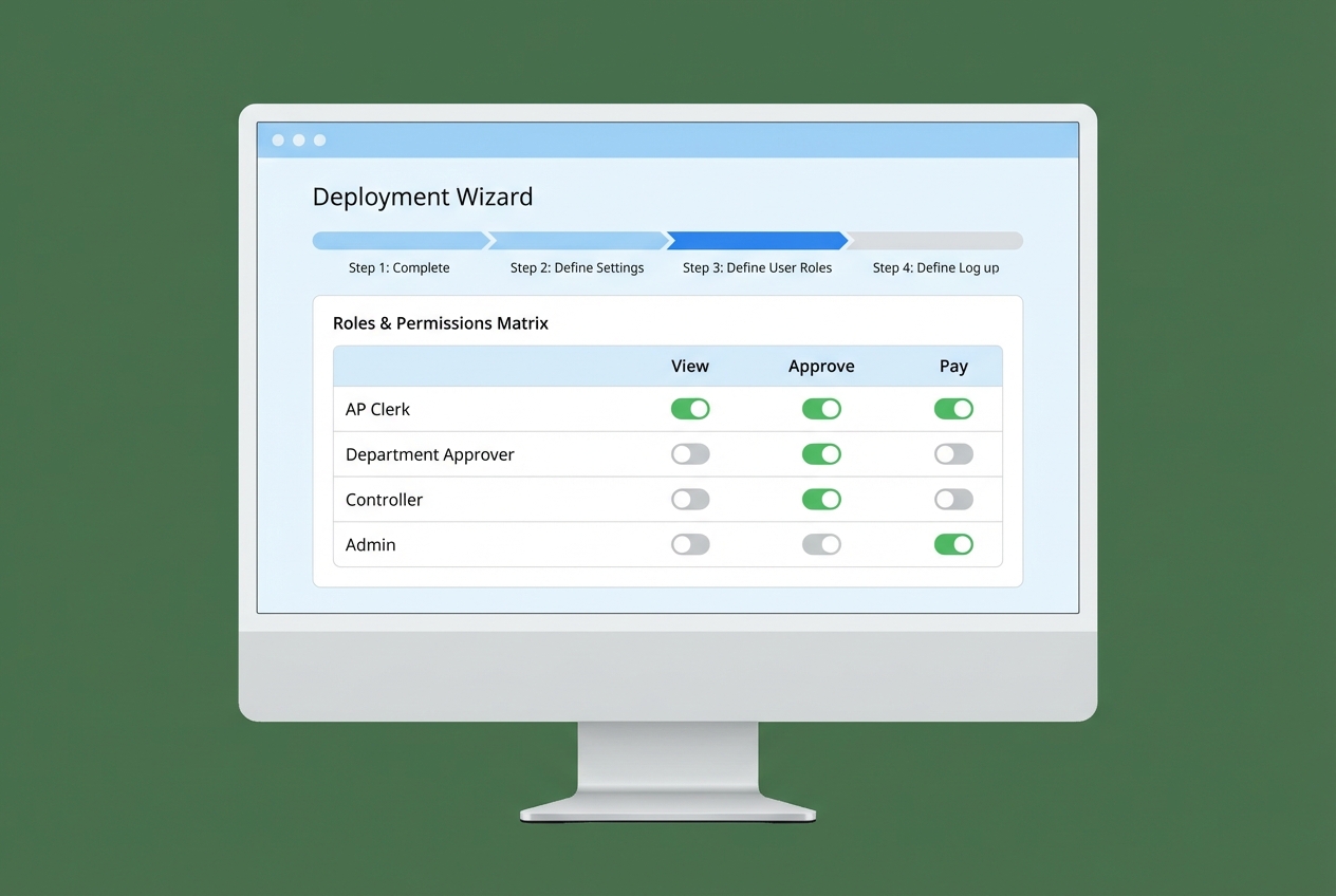 Roles and permissions matrix with toggles for view/approve/pay