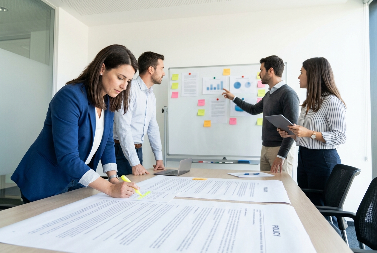 Team reviewing an expense policy and highlighting ambiguous sections, representing a policy audit