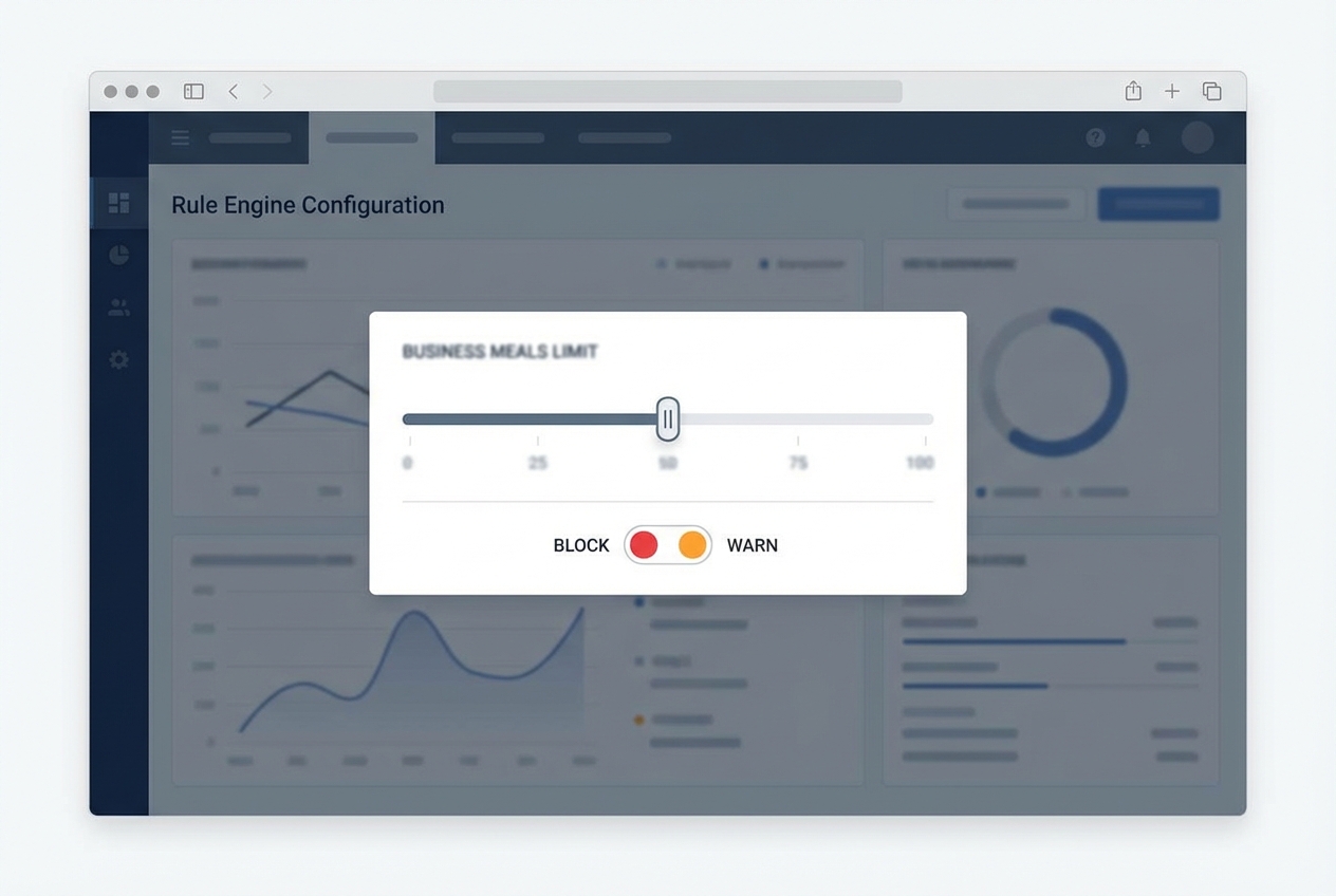 Mock dashboard showing a rule setup for business meals with limit controls and block vs warn toggles