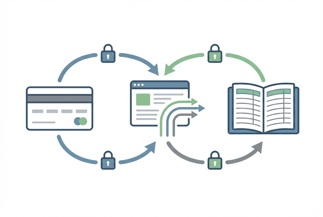 Vector illustration showing corporate card, bank feed, and accounting ledger connected with sync lines