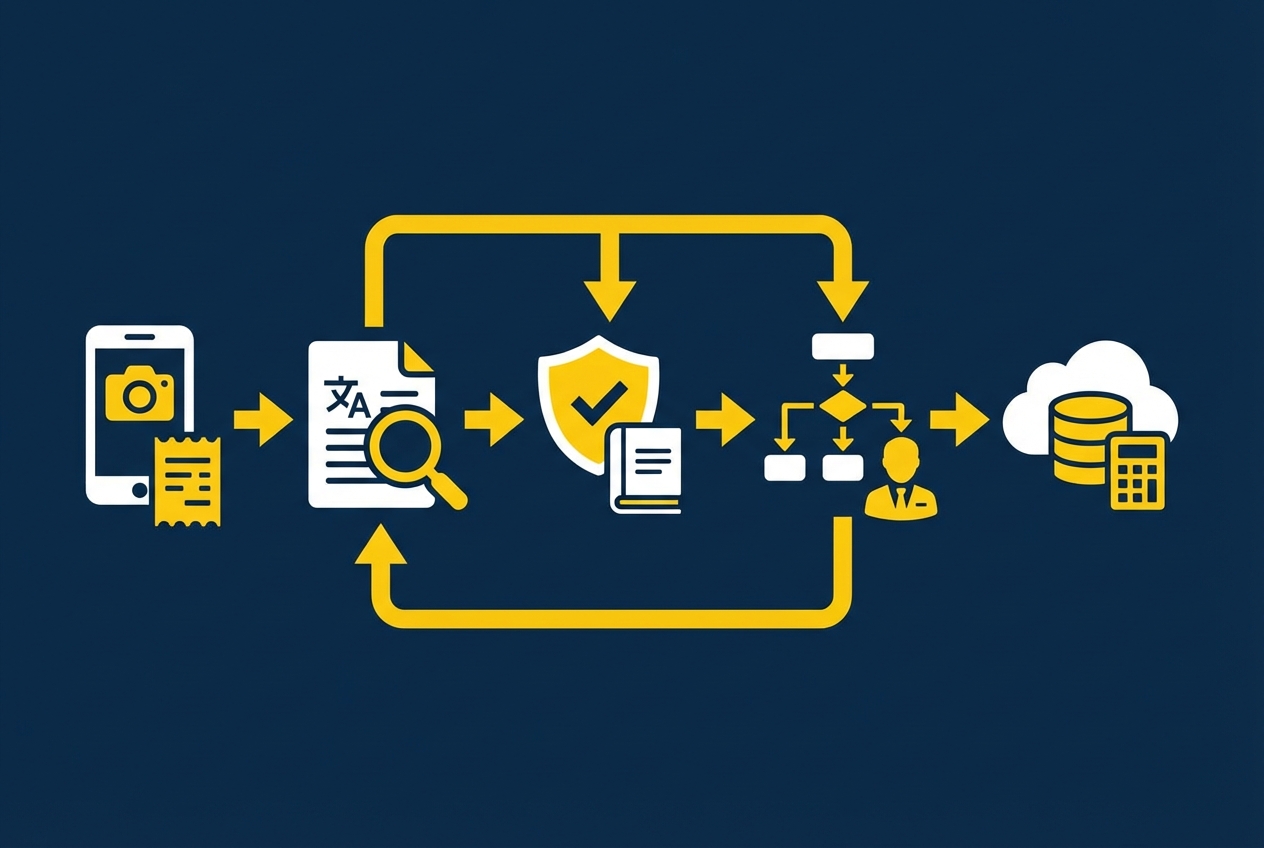 Flowchart diagram showing receipt capture, OCR extraction, policy checks, approval routing, and accounting sync