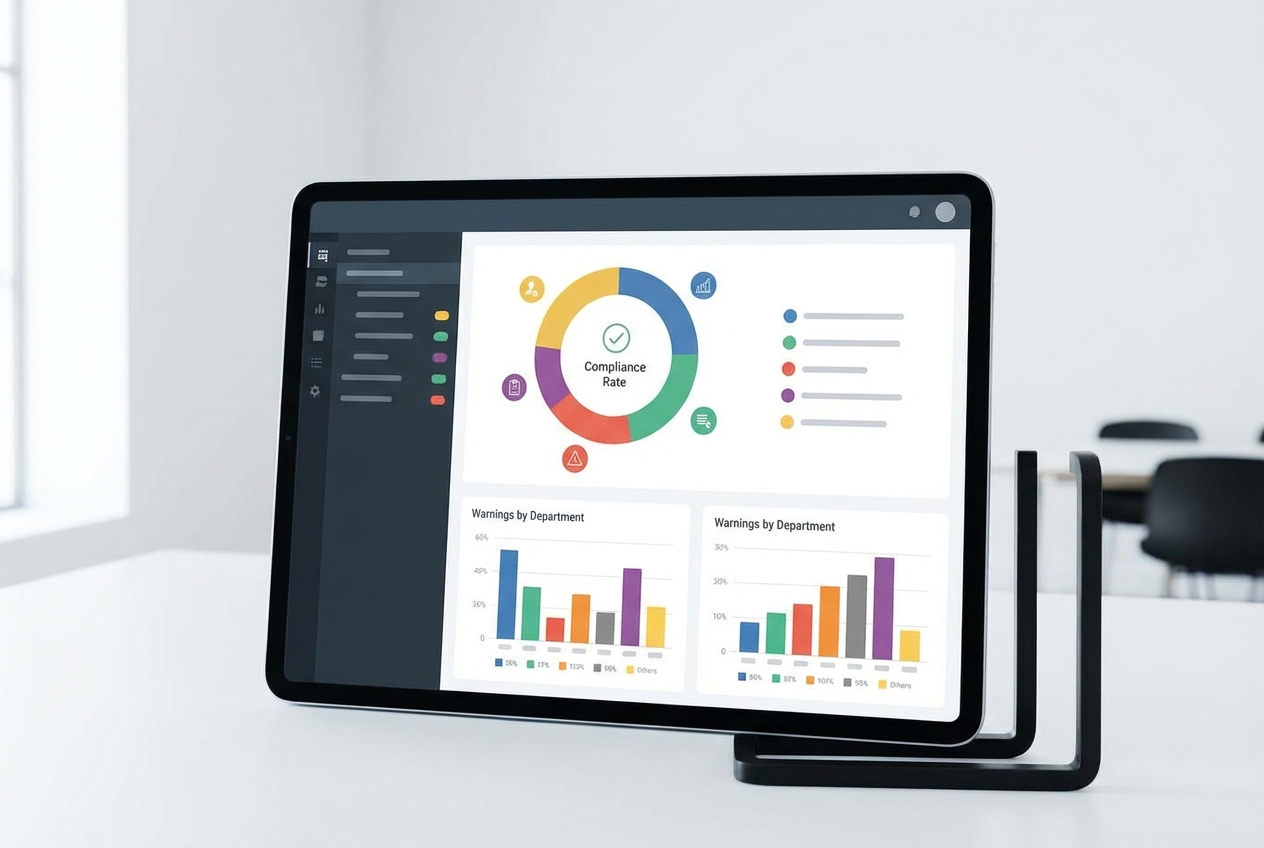Analytics dashboard showing compliance rate and warnings by department, representing monitoring after launch