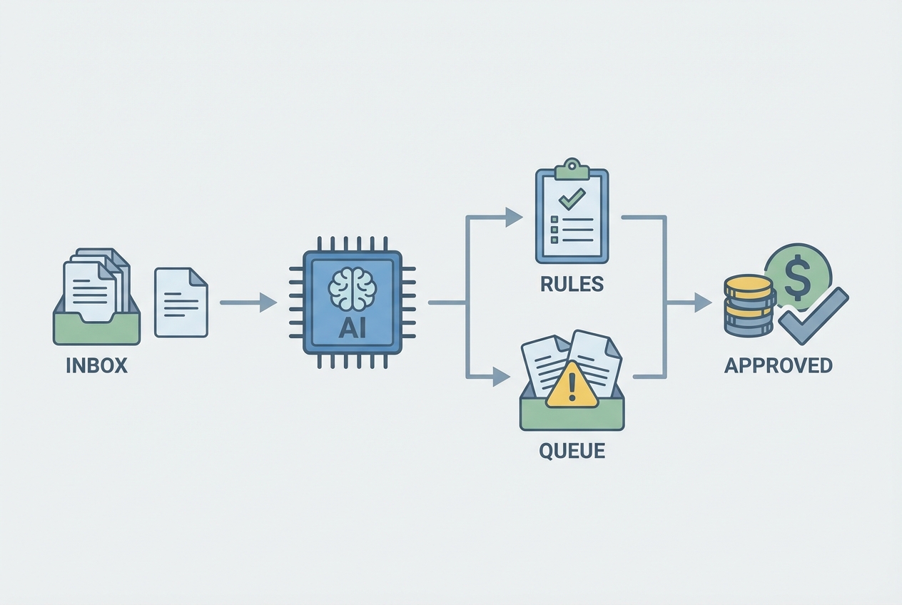 AI-driven freight bill audit workflow with intake, normalization, rules, exceptions, and payment