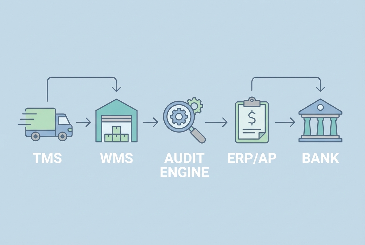 Minimal illustration of integrated systems (TMS, WMS, audit engine, ERP/AP, bank) connected by data flows