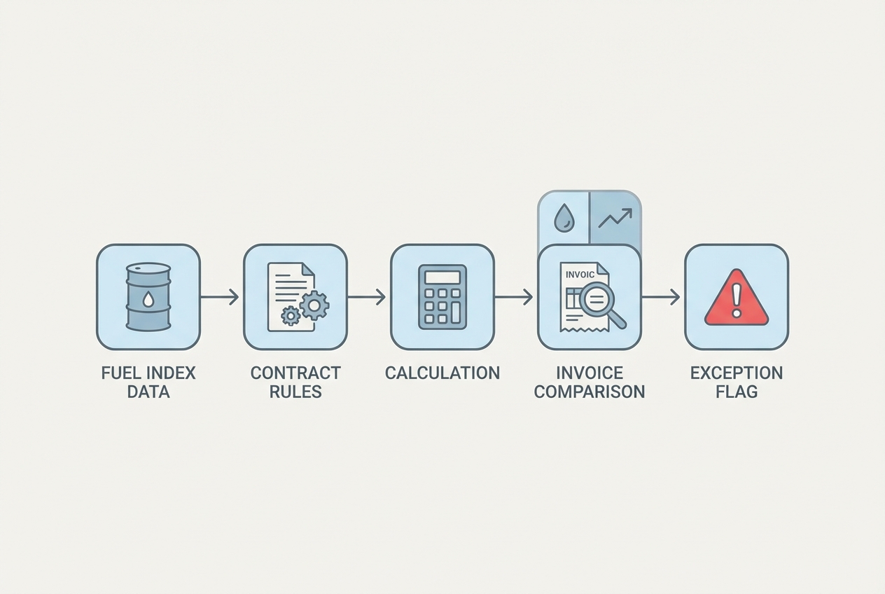 Workflow diagram: index data to contract rules to calculation to invoice comparison to exception flag