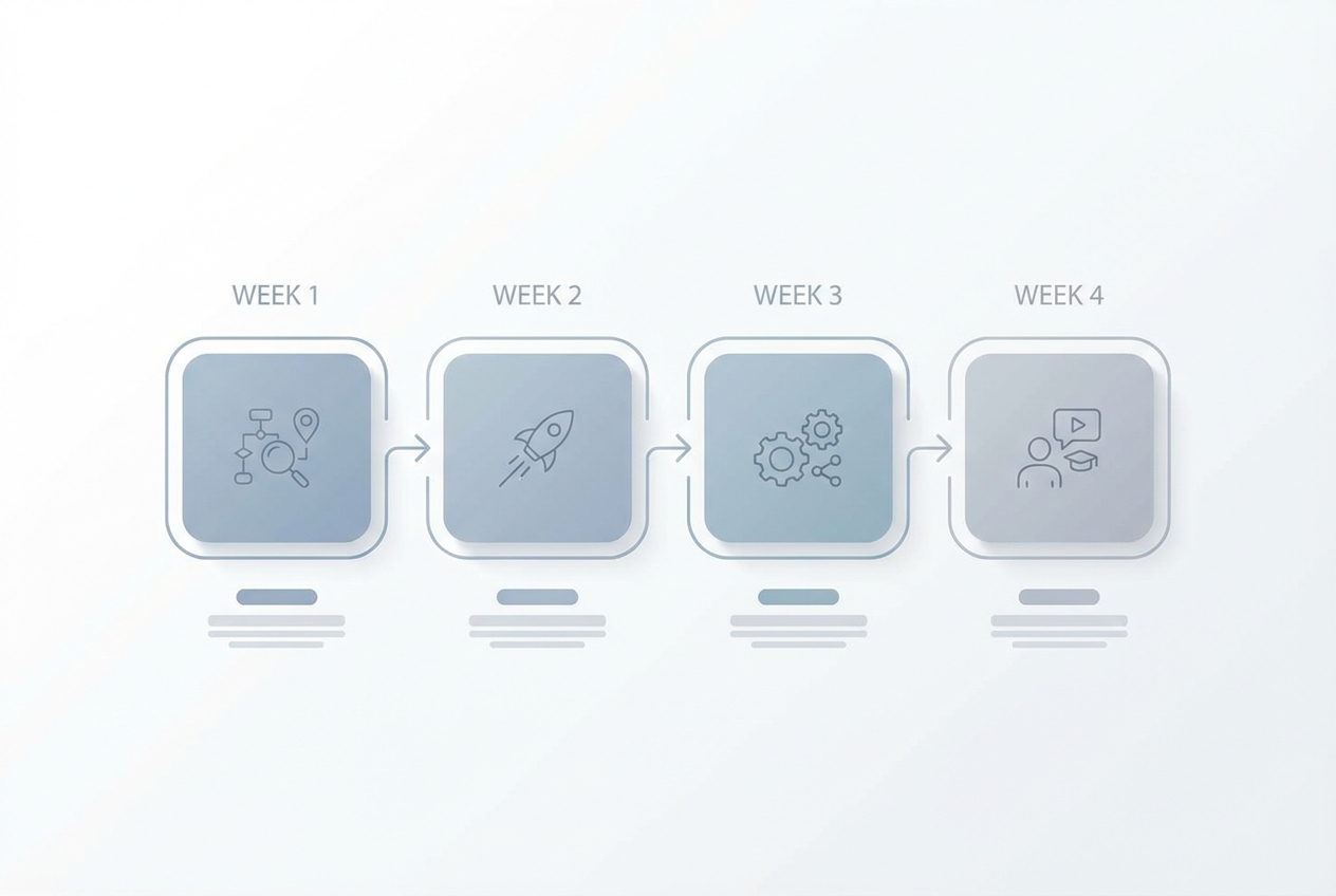 A minimalist four-step timeline representing a 4-week approval workflow implementation roadmap.