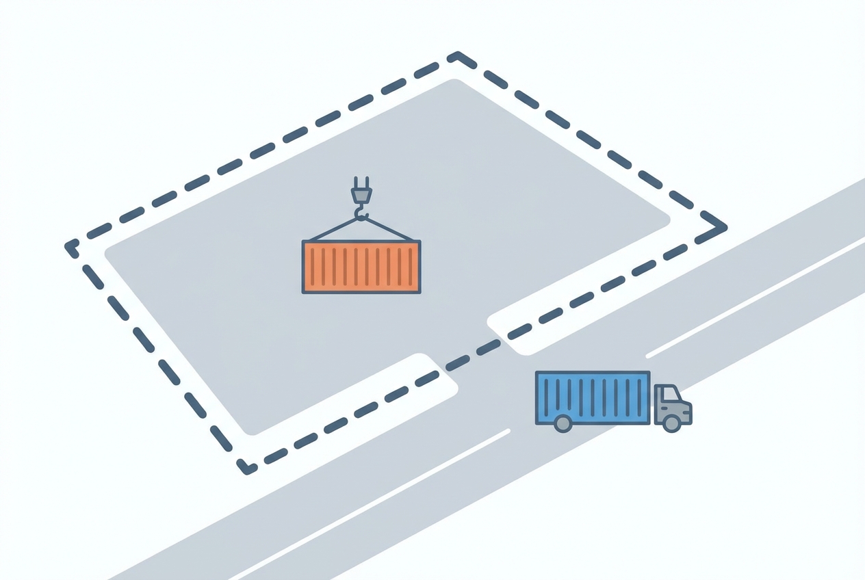A minimal visual showing the terminal boundary and where demurrage (inside) vs detention (outside) applies