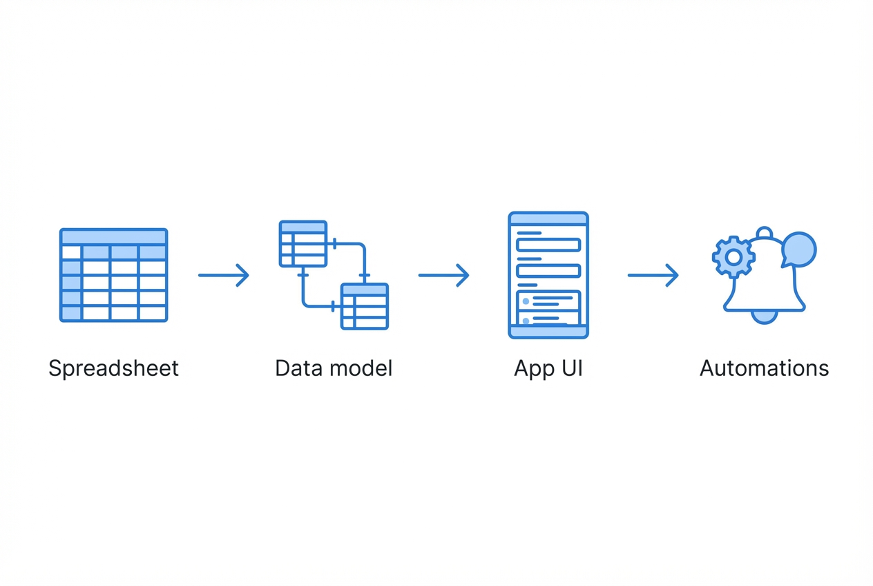 Diagram showing how a spreadsheet becomes an app: spreadsheet data to a data model, then app UI, then automations