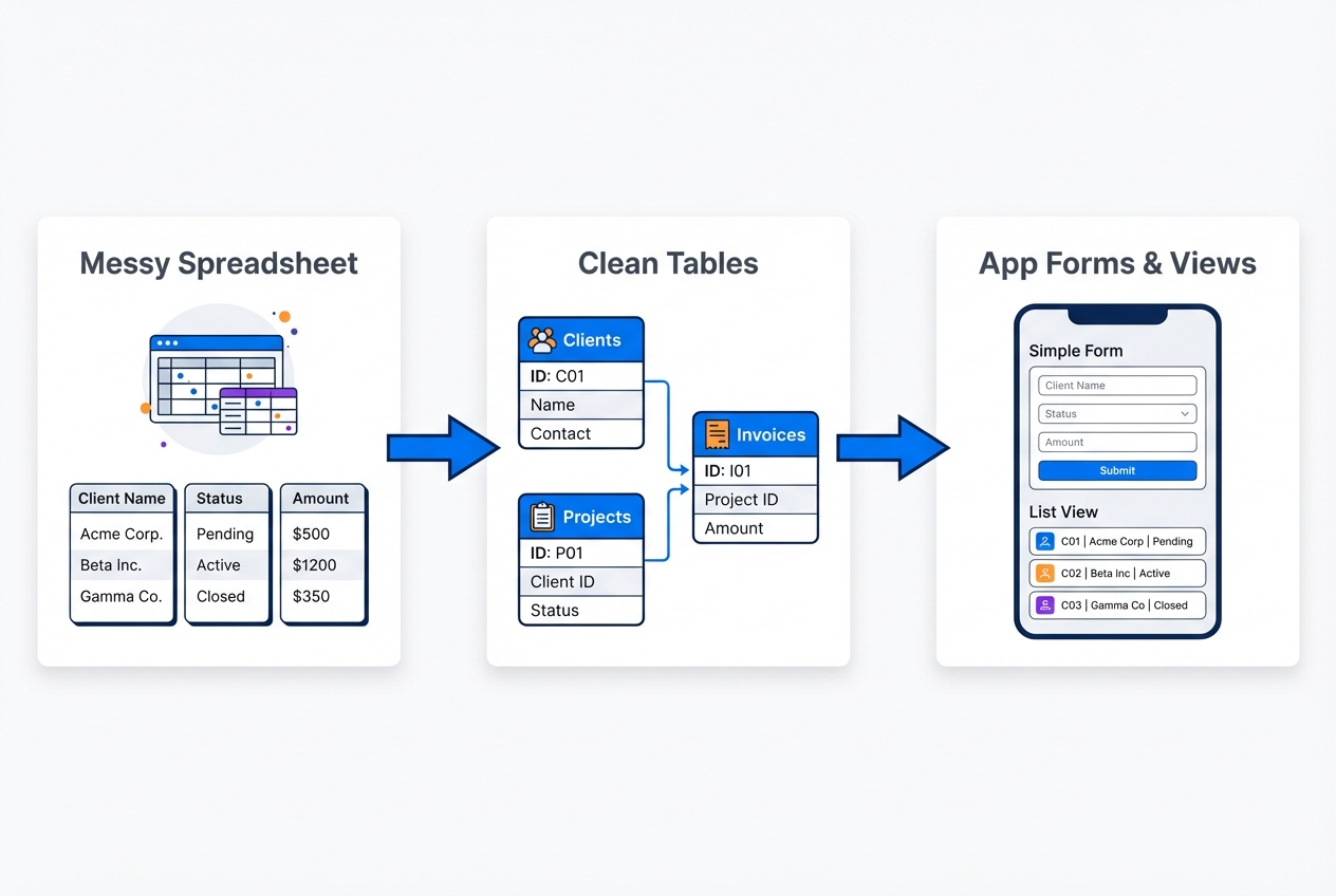 Diagram of cleaning a messy spreadsheet into normalized tables with IDs, then using it to power app forms and views