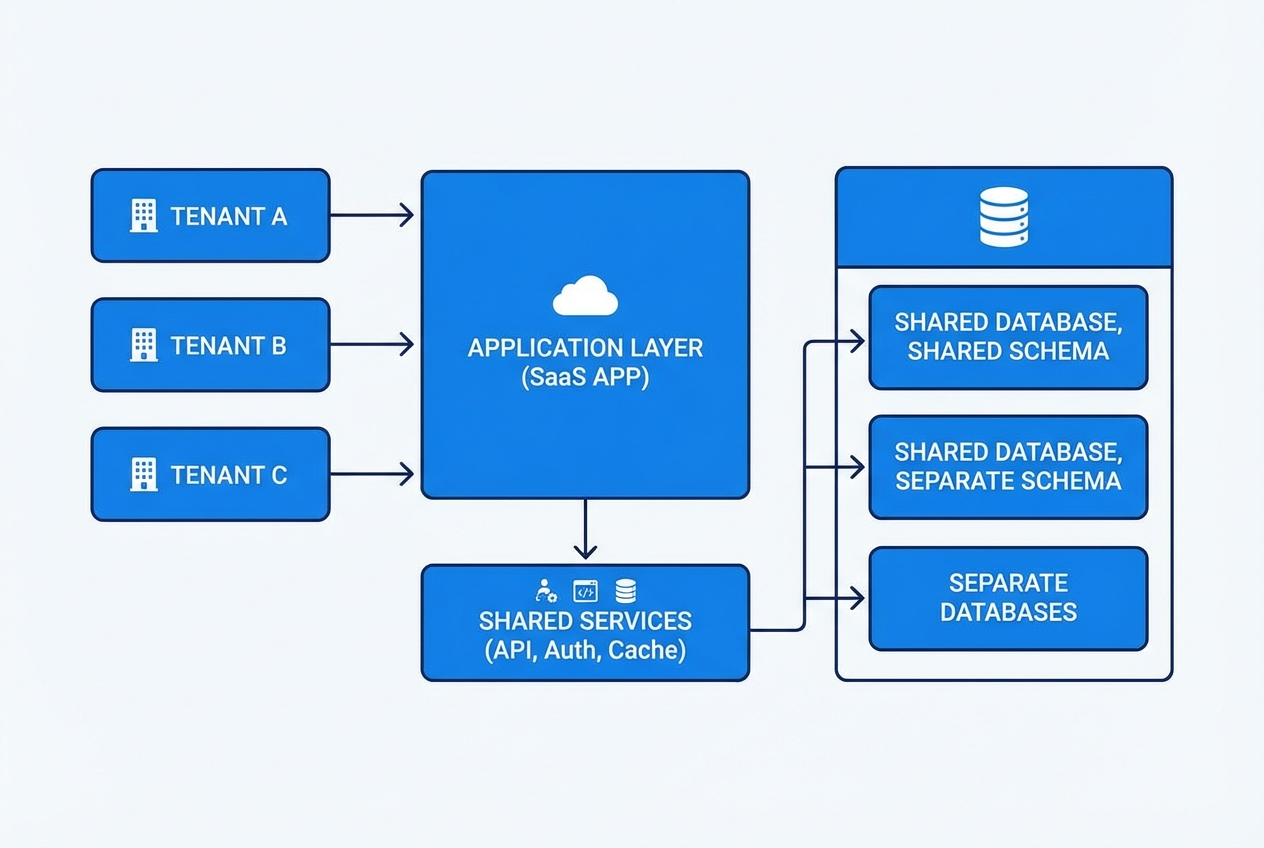 Diagram of multi-tenant architecture showing multiple tenants connecting to a shared app layer and different database isolation options