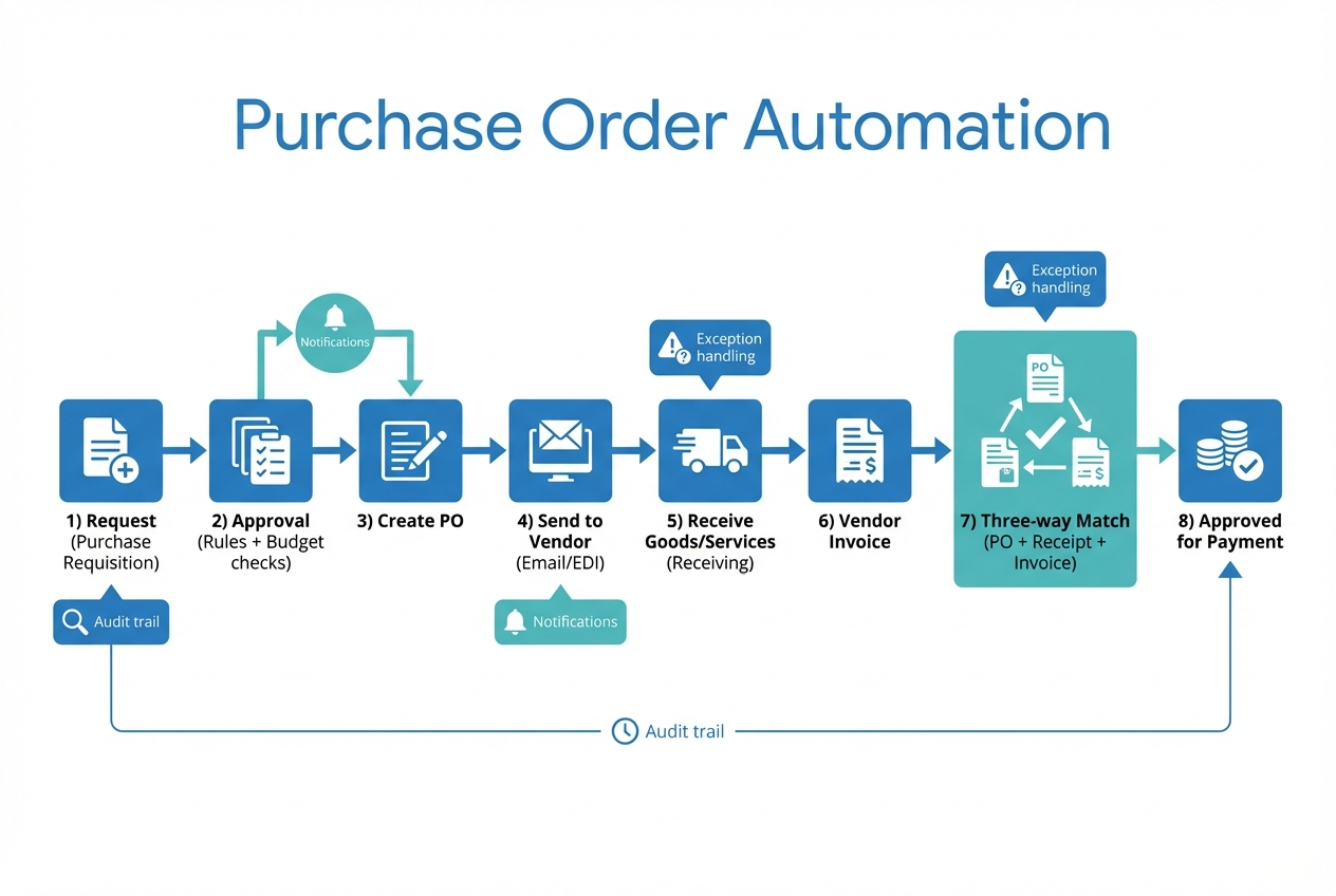 Purchase order automation workflow diagram showing requisition, approval, PO creation, vendor sending, receiving, invoice, three-way match, and payment