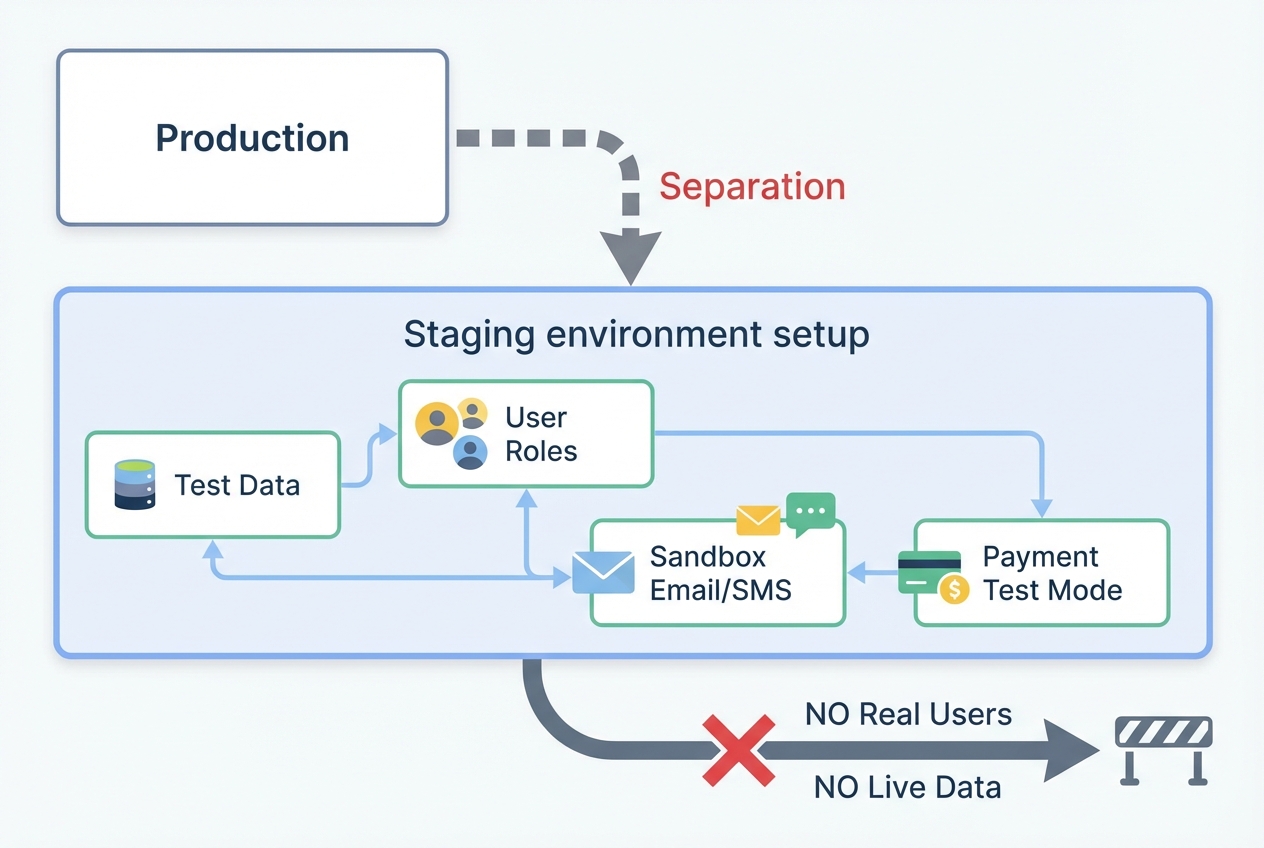 Diagram showing staging environment separation from production, with test data, roles, and sandbox services