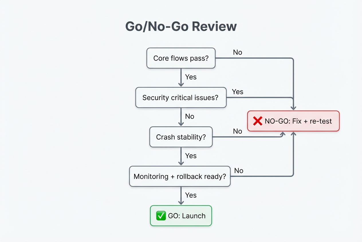 Go/no-go decision flow diagram for a pre-launch review