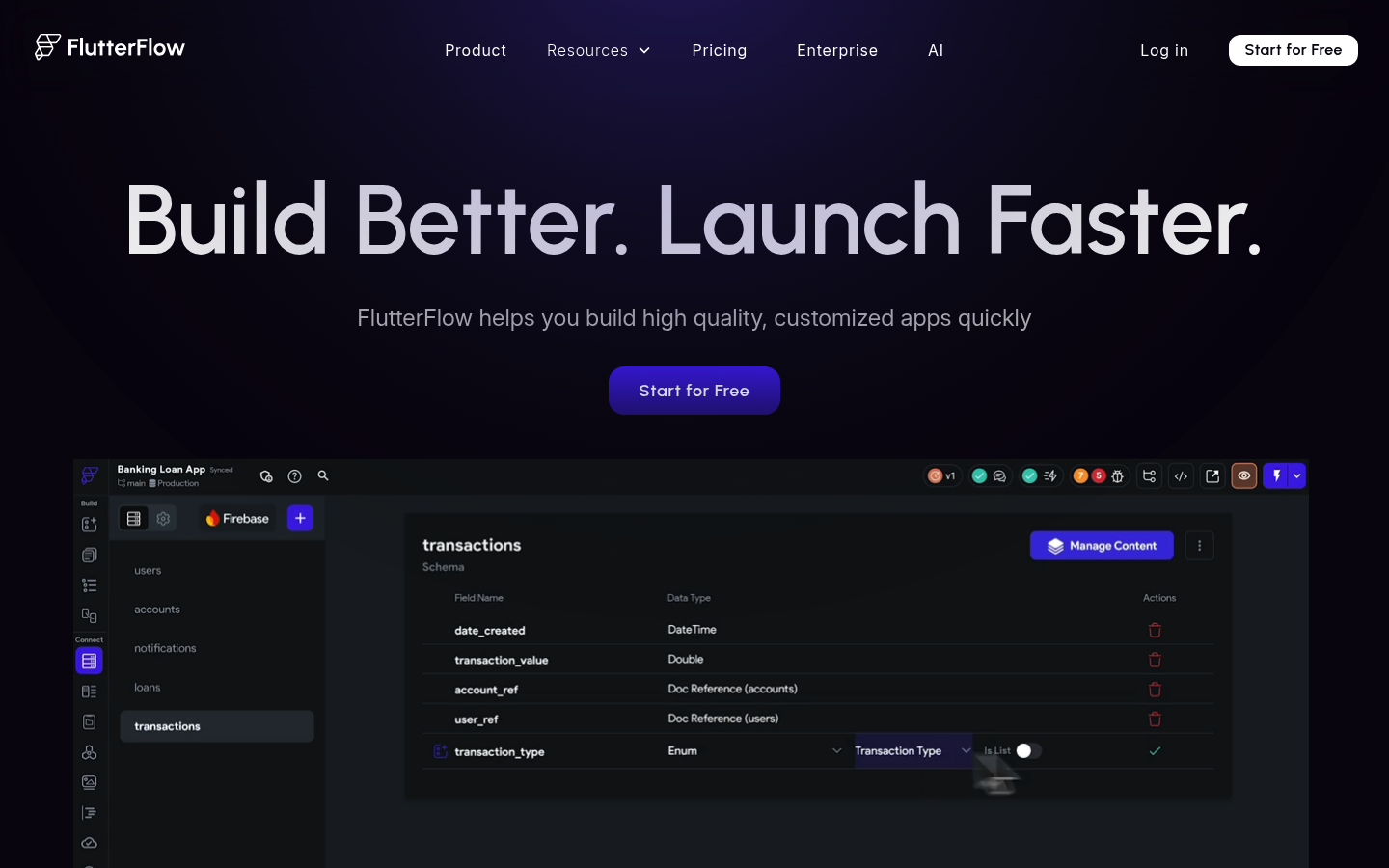 FlutterFlow homepage screenshot