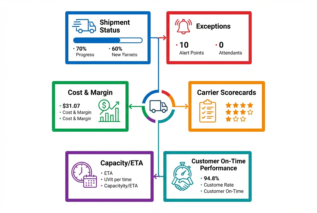 Diagram of core widgets in a transport management system dashboard: shipment status, exceptions, cost, carrier scorecards, capacity and ETA, customer on-time performance