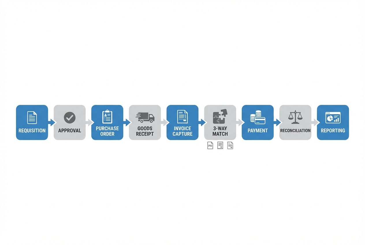 Diagram of an automated procure-to-pay workflow from requisition to reporting